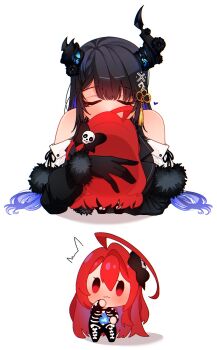 2girls ahoge asymmetrical_horns black_gloves black_hair blue_hair blush chibi closed_eyes closed_mouth commentary elizabeth_rose_bloodflame gloves hashtag-only_commentary heart highres hololive hololive_english horns huge_ahoge hyurisaki kiss long_hair multiple_girls nerissa_ravencroft nerissa_ravencroft_(1st_costume) red_hair simple_background skeleton_costume smol_erb uneven_horns virtual_youtuber white_background yuri