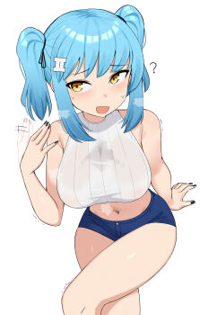 1girl ? absurdres arm_support bare_shoulders black_nails blue_hair blue_shorts blush breasts commentary cowboy_shot crop_top crossed_legs denim denim_shorts english_commentary fanning_self fingernails from_above hair_ornament hairclip hand_up highres hot ii_(peps_art) invisible_chair large_breasts micro_shorts midriff motion_blur motion_lines nail_polish navel navel_piercing open_mouth original peps_art piercing shirt short_hair shorts shy sidelocks simple_background sitting sleeveless sleeveless_shirt smile solo steam steaming_body stomach sweat thighs trembling twintails white_background white_shirt yellow_eyes