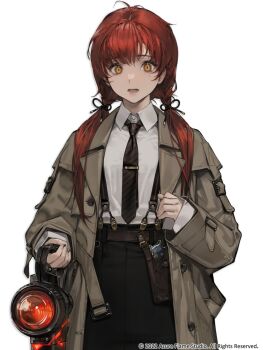 Rule 34 | 1girl, 2022, belt, beretta 92, black necktie, black ribbon, black skirt, brown belt, brown coat, coat, collared shirt, copyright notice, danbooru sample, diagonal-striped clothes, diagonal-striped necktie, echoes of vision, english text, grey shirt, gun, hair ribbon, handgun, holding, holding lantern, holster, holstered, image sample, lantern, long hair, long sleeves, looking at viewer, low twintails, mole, mole under eye, necktie, non-web source, open clothes, open coat, open mouth, orange eyes, red hair, ribbon, ring (echoes of vision), shirt, shirt tucked in, simple background, skirt, solo, striped clothes, striped necktie, suspenders, tie clip, twintails, weapon, white background, yxhs1