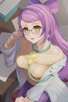 1girl absurdres adjusting_eyewear amanegi_toro bespectacled breasts chair coat collarbone commentary_request earrings eyelashes flower_earrings glasses green_eyes hand_on_own_thigh hand_up highres jewelry lab_coat long_hair long_sleeves looking_up miriam_(pokemon) multicolored_hair nail_polish nintendo off-shoulder_sweater off_shoulder open_clothes open_coat pencil_skirt pink_hair pink_nails pokemon pokemon_sv purple_hair purple_skirt red-framed_eyewear sitting skirt smile solo streaked_hair striped_clothes striped_skirt sweater swept_bangs table yellow_sweater