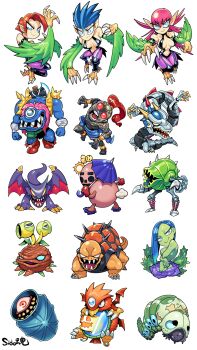 absurdres arlownay axe bare_shoulders breasts chibi chibi_only cleavage commentary_request duel_monster feathered_wings feathers fiend_reflection firegrass giant_turtle_who_feeds_on_flames green_feathers harpie_lady harpie_lady_1 harpie_lady_2 harpie_lady_3 harpy highres jar kotodama_(yu-gi-oh) koumori_dragon mandrake metal_dragon_(yu-gi-oh) monster_girl morphing_jar petit_moth pointy_ears sengenjin sido_(slipknot) spiked_snail turtle umbrella weather_report_(yu-gi-oh) winged_arms wings yu-gi-oh!