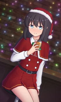1girl absurdres adapted_costume asashio_(kancolle) asashio_kai_ni_(kancolle) black_hair blue_eyes capelet christmas collared_shirt commentary_request dress dress_shirt dutch_angle fur-trimmed_capelet fur_trim glass hat highres kantai_collection konato_k long_hair pinafore_dress red_capelet red_dress red_hat santa_hat shirt sleeveless sleeveless_dress smile solo white_shirt