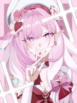 1girl absurdres beret border breasts chinese_commentary cleavage commentary_request diamond-shaped_pupils diamond_(shape) dress earrings elf elysia_(hi_love_elf)_(honkai_impact) elysia_(honkai_impact) hat heart heart_earrings highres honkai_(series) honkai_impact_3rd jewelry large_breasts long_hair looking_at_viewer miyoushe_watermark multicolored_hair pink_border pink_hair pointy_ears purple_background purple_eyes qing_xiao_meng_chu red_dress smile solo symbol-shaped_pupils two-tone_hair upper_body very_long_hair watermark white_hair