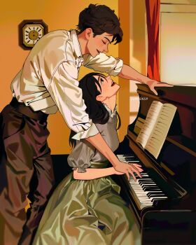 1boy 1girl artist_name black_hair breasts brown_hair brown_pants clock closed_eyes commentary couple cowboy_shot english_commentary eren_yeager facial_scar green_skirt grey_shirt hair_between_eyes hetero highres indoors instrument long_hair long_skirt looking_at_another medium_breasts mikasa_ackerman music open_mouth pants piano playing_instrument playing_piano puffy_short_sleeves puffy_sleeves scar scar_on_cheek scar_on_face sheet_music shingeki_no_kyojin shirt short_hair short_sleeves sitting skirt sleeves_rolled_up smile sumiensp white_shirt