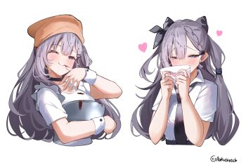 Rule 34 | 1girl, absurdres, arm up, asymmetrical bangs, averting eyes, black choker, black necktie, black ribbon, blue eyes, blush, bowl, braid, braided bangs, choker, closed mouth, collared shirt, commentary, cone hair bun, covering own mouth, cropped torso, double bun, english commentary, grey hair, hair behind ear, hair bun, hair ribbon, half-closed eyes, heart, highres, holding, holding bowl, holding letter, hololive, hololive indonesia, letter, long hair, looking at viewer, love letter, multiple views, necktie, ribbon, rokusketch, shirt, short sleeves, shy, simple background, smile, twitter username, valentine, vestia zeta, virtual youtuber, white background, white shirt, white wrist cuffs, wrist cuffs