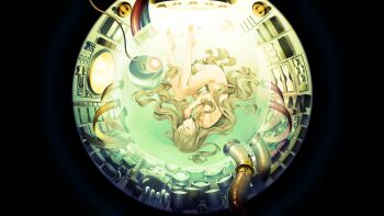 1girl ass breasts cable closed_eyes completely_nude fetal_position full_body highres knees_to_chest light_brown_hair long_hair machine machine_child nude ooyari_ashito orb petite sleeping small_breasts solo submerged switch tube upside-down very_long_hair wavy_hair