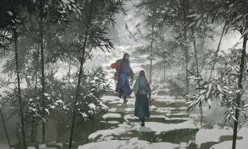 2girls bag bamboo bamboo_forest black_footwear black_gloves black_hair blue_kimono boots brown_bag bug butterfly facing_away forest gloves green_kimono hanfu highres ibuki_satsuki insect japanese_clothes kimono lantern long_hair long_sleeves looking_at_another looking_back multiple_girls nature original outdoors path road sheath sheathed snow snowing walking wide_sleeves zhijupao