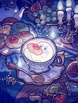 autumn_leaves blue_eyes blue_fire book candle cookie crescent cup cutlery fire food fruit ghost grapes harukui highres holding holding_food key kirby kirby_(series) leaf macaron nintendo no_humans official_alternate_costume pomegranate smile spoon sweets teacup teapot thumbprint_cookie