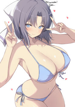1girl bikini blue_bikini blue_eyes bow breasts chimunge cleavage closed_mouth commentary_request double_v grey_hair hair_bow heart large_breasts light_blush looking_at_viewer medium_hair navel senran_kagura signature smile solo striped_bow swimsuit twitter_username v white_bow yumi_(senran_kagura)