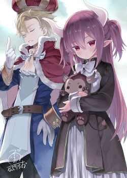 Rule 34 | 1boy, 1girl, :<, artist name, belt, blonde hair, blush, capelet, capriccio, closed eyes, closed mouth, commentary request, cross, crown, dated, demon horns, fur trim, gloves, hair between eyes, hand on own hip, heart, hime-chan to maou, horns, hugging object, index finger raised, jitome, long hair, long sleeves, looking at viewer, parted lips, pointy ears, purple hair, red eyes, robe, sidelocks, signature, skirt, stuffed monkey, textless version, two side up, wall of text, white gloves, white skirt