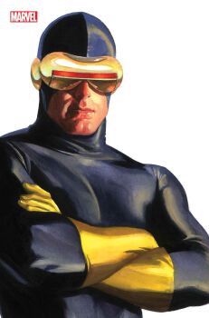 1boy absurdres alex_ross blue_bodysuit bodysuit comic_cover company_name cover cover_page crossed_arms cyclops_(x-men) gloves head-mounted_display highres looking_at_viewer male_focus marvel muscular muscular_male official_art realistic red-tinted_eyewear scott_summers solo tinted_eyewear upper_body western_comics_(style) white_background x-men yellow_gloves