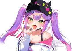 Rule 34 | 1girl, absurdres, after fellatio, black hat, breasts, cleavage, cum, cum in mouth, hat, highres, hololive, medium breasts, open mouth, purple hair, solo, tokoyami towa, twintails, virtual youtuber, weiic
