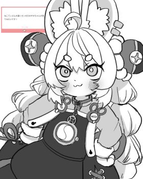 1girl :3 ahoge animal_ear_fluff animal_ear_piercing animal_ears blush braid braided_twintails bright_pupils chinese_clothes closed_mouth commentary_request furry furry_female greyscale hands_on_own_hips highres long_hair monochrome neko_t_chan rabbit_ears rabbit_girl short_eyebrows simple_background solo thick_eyebrows upper_body white_background white_pupils zenless_zone_zero zhao_(zenless_zone_zero)
