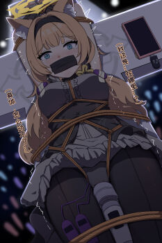 1girl absurdres animal_ear_fluff animal_ears bdsm blonde_hair blue_archive blue_eyes blush bondage bound bound_arms bound_breasts bound_legs bound_wrists breasts egg_vibrator female_focus forced_orgasm gag gagged halo highres hitachi_magic_wand improvised_gag long_hair looking_at_viewer mari_(blue_archive) mari_(idol)_(blue_archive) mimoun nipple_stimulation panties restrained sex_toy shibari shibari_over_clothes small_breasts solo stage stationary_restraints tape tape_gag tears tied_up_(nonsexual) underwear variant_set vibrator vibrator_on_nipple vibrator_under_clothes yellow_halo