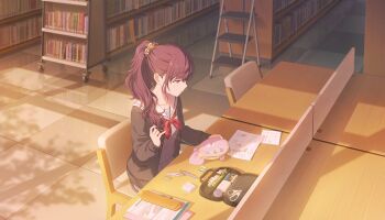 1girl animal_print asahina_mafuyu black_cardigan book bookshelf breasts cardigan cat_print chair closed_mouth collarbone colorful_palette expressionless floral_print game_cg grey_serafuku hand_up high_ponytail highres holding holding_needle holding_sewing_needle kono_hito_hari_ni_omoi_wo_komeru_(project_sekai) library looking_at_object medium_breasts miyamasuzaka_girls'_academy_school_uniform neckerchief needle notebook official_art open_cardigan open_clothes orange_scrunchie paper pencil_case pincushion ponytail project_sekai purple_eyes purple_hair red_neckerchief sailor_collar school_uniform scissors scrunchie serafuku sewing sewing_kit sewing_pin solo spool sunset table third-party_source white_sailor_collar