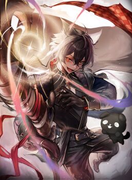 Rule 34 | 1boy, animal ears, astraline, black boots, black gloves, black hair, black jacket, black pants, boots, commentary, crossed bangs, dog boy, dog ears, dokuro deluxe, double-parted bangs, english commentary, gloves, glowing pupils, hair between eyes, highres, holding, holding staff, jacket, light particles, long sleeves, looking at viewer, magic, male focus, merry (merryweather), official art, open mouth, pants, red eyes, red ribbon, ribbon, short hair, smile, solo, staff, virtual youtuber