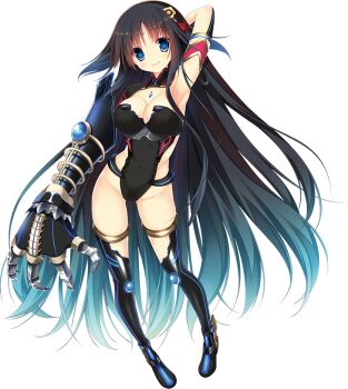 1girl arm_behind_head armlet armpits bindi black_boots black_hair black_leotard black_thighhighs blue_eyes boots breasts cleavage clothing_cutout contrapposto covered_navel female_focus full_body gauntlets gradient_hair hair_flaps hair_ornament hatori_piyoko highleg highleg_leotard jewelry leotard long_hair looking_at_viewer multicolored_hair nefertia_demonar_odinus official_art pigeon-toed side_cutout single_gauntlet skin_tight smile solo standing thigh_boots thighhighs thighlet transparent_background very_long_hair white_background yoroi_no_himegimi-tachi