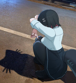1girl black_hair black_pantyhose black_shoes breasts cat_shadow_puppet_(meme) ellen_joe ellen_joe_(on_campus) fins fish_tail highres medium_breasts multicolored_hair namikare pantyhose photo_(medium) red_hair red_nails school_uniform shark_girl shark_tail shirt shoes short_hair tail white_shirt zenless_zone_zero