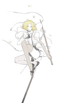 1other androgynous black_necktie black_shoes black_shorts blonde_hair bug butterfly collared_shirt colored_eyelashes commentary crystal_hair elbow_gloves full_body gem_uniform_(houseki_no_kuni) gloves hand_on_own_knee highres holding holding_sheath houseki_no_kuni insect knee_up light_smile necktie other_focus ribbon sheath shiorondo shirt shoes short_hair short_sleeves shorts simple_background smile solo standing_on_sword suspender_shorts suspenders sword thighhighs weapon white_background white_ribbon white_shirt yellow_butterfly yellow_diamond_(houseki_no_kuni) yellow_eyes