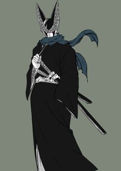 Rule 34 | 1boy, absurdres, alternate costume, cell (dragon ball), closed mouth, commentary, dragon ball, dragonball z, fingernails, grey background, highres, holding, holding sheath, japanese clothes, katana, kimono, mokorakugaki, no humans, obi, perfect cell, pink eyes, sash, scabbard, scarf, sharp fingernails, sheath, simple background, solo, spot color, spotted skin, sword, weapon