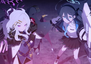 2girls ahoge aris_(blue_archive) black_coat black_gloves black_halo black_skirt blue_archive blue_eyes blue_hair breasts coat coat_on_shoulders demon_girl demon_horns demon_wings game_cg gloves gun halo highres hina_(blue_archive) horns long_hair machine_gun mg42 multiple_girls non-web_source official_art purple_eyes railgun school_uniform skirt small_breasts standing very_long_hair weapon white_hair wings