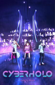 3d 3girls akarui26 animal_ear_fluff animal_ears artist_name black_thighhighs breasts bridge cleavage cyberpunk demon_girl demon_horns demon_wings highres hololive horns large_breasts long_hair mikumikudance multiple_girls neon_lights ookami_mio ookami_mio_(hoodie) outdoors portrait rain roboco-san roboco-san_(hoodie) science_fiction self-upload standing tail thighhighs virtual_youtuber wings wolf_ears wolf_girl wolf_tail yuzuki_choco yuzuki_choco_(1st_costume)