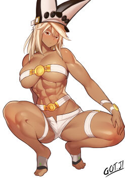 1girl abs absurdres arc_system_works artist_name belt belt_bra black_hat blonde_hair breast_strap breasts closed_mouth collarbone dark-skinned_female dark_skin expressionless female_focus full_body got_ji_(gojich1) guilty_gear guilty_gear_xrd hand_on_own_knee hat highres large_breasts light_blush long_hair looking_at_viewer muscular muscular_female orange_eyes ramlethal_valentine shorts simple_background solo spread_legs squatting thigh_strap thighs tiptoes toes two-tone_hat variant_set white_background white_belt white_hat white_shorts
