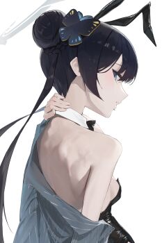1girl absurdres animal_ear_hairband animal_ears bare_back black_hairband black_leotard blue_archive breasts butterfly_hair_ornament closed_mouth detached_collar double_bun fake_animal_ears from_behind grey_halo grey_jacket hair_bun hair_ornament hairband halo hand_on_own_neck highres jacket kisaki_(blue_archive) leotard looking_at_viewer matcha_(matttttya1) playboy_bunny rabbit_ear_hairband rabbit_ears single_bare_shoulder small_breasts solo striped_clothes striped_jacket twintails vertical-striped_clothes vertical-striped_jacket