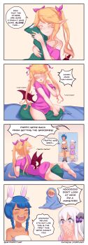 Rule 34 | 3girls, bat wings, bed, bed sheet, blanket, blue hair, bottomless, comic, dark-skinned female, dark skin, embarrassed, english text, fang, laughing, masturbation, multiple girls, no panties, original, pillow, pillow humping, pointy ears, poppytart, purple eyes, pussy juice, pussy juice stain, rabbit girl, shirt, skirt, walk-in, white hair, wings