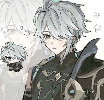 1boy akasha_terminal alhaitham_(genshin_impact) black_shirt chibi chibi_inset genshin_impact green_eyes grey_hair hair_between_eyes hair_over_one_eye hashtag-only_commentary high_collar highres light_blush male_focus open_mouth shirt short_hair single_sidelock solo_focus star_(symbol) upper_body white_streaks y9jwa zoom_layer