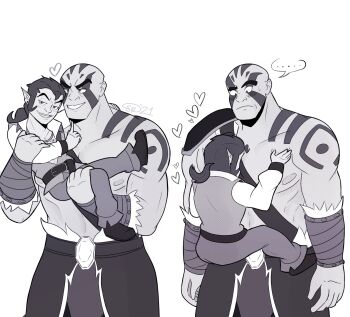 ... 2boys abs bald bara bare_pectorals between_pecs between_pectorals blush bracer brown_hair carrying chest_harness collage critical_role dark-skinned_male dark_skin dungeons_&amp;_dragons feet_out_of_frame finger_to_another&#039;s_mouth gnome greyscale grog_strongjaw harness head_between_pecs head_tattoo heart highres interspecies large_pectorals long_sideburns male_focus mature_male monochrome multiple_boys muscular muscular_male navel nipples pectoral_grab pectorals ponytail princess_carry raised_eyebrow scanlan_shorthalt shoulder_tattoo sideburns size_difference sketching-stephanie smile smirk standing stomach tattoo the_legend_of_vox_machina thick_eyebrows wide-eyed yaoi