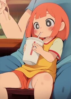 1boy 1girl blue_pants blue_shirt blush chair cup dagasi daughter_(yoru_mac) disposable_cup drinking drinking_straw father_(yoru_mac) father_and_daughter food french_fries green_eyes head_out_of_frame highres loli mcdonald&#039;s orange_hair orange_shorts panties pants pantyshot shirt short_hair short_shorts short_sleeves shorts sitting sitting_on_lap sitting_on_person spread_legs table thighs underwear upshorts white_panties yellow_shirt yoru_mac