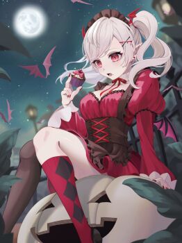 Rule 34 | 1girl, absurdres, amanegi toro, bat (animal), breasts, cupcake, dress, food, full moon, halloween, highres, long hair, long sleeves, looking at viewer, maid, moon, night, open mouth, original, red dress, sitting, sky, thighhighs, twintails, vampire, white hair, wings