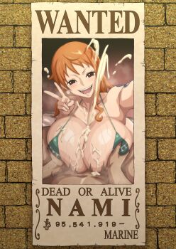 1boy 1girl black_hair breasts cleavage cum cum_on_body cum_on_breasts cum_on_upper_body huge_breasts iwao178 large_breasts long_hair nami_(one_piece) one_piece orange_hair paizuri smile tattoo wanted_poster