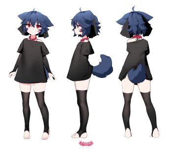 1girl absurdres animal_ears black_gloves black_shirt black_thighhighs blue_hair chocpocalypse collar elbow_gloves facial_mark facing_viewer fox_ears fox_girl fox_tail from_behind from_side full_body gloves highres light_frown naked_shirt off_shoulder original partially_fingerless_gloves red_collar red_eyes reference_sheet shirt short_hair short_sleeves simple_background stirrup_legwear tail thighhighs toeless_legwear whisker_markings white_background