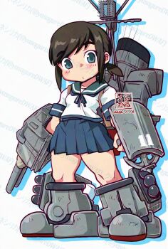 Rule 34 | 1girl, adapted turret, artist logo, black hair, blue neckerchief, blue sailor collar, blue skirt, breasts, commentary request, dated, fubuki (kancolle), full body, green eyes, highres, kantai collection, kutone shirika, logo, low ponytail, mast, medium breasts, neckerchief, pleated skirt, ponytail, rigging, sailor collar, sailor shirt, school uniform, serafuku, shirt, skirt, smokestack, solo, standing, thick thighs, thighs, torpedo launcher, ventilation shaft, watermark, white shirt