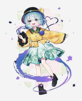 1girl absurdres black_hat blush bow buttons commentary diamond_button eyeball floral_print frilled_shirt_collar frilled_sleeves frills green_eyes green_hair green_skirt hat hat_bow heart heart_of_string highres komeiji_koishi long_sleeves looking_at_viewer open_mouth print_skirt rose_print shirt shoes sia_6767 skirt smile solo third_eye touhou wide_sleeves yellow_bow yellow_shirt