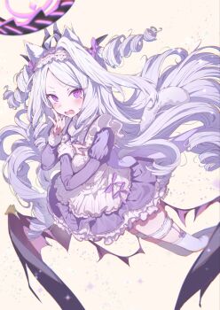 1girl ahoge apron black_halo blue_archive breasts demon_girl demon_horns demon_wings halo highres hina_(blue_archive) horns long_hair looking_at_viewer low_wings maid maid_apron maid_headdress purple_eyes small_breasts solo very_long_hair white_hair wings youguo_naberu