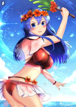 1girl alternate_costume artist_logo artist_name ass bad_id bad_pixiv_id bikini blue_eyes blue_hair blush breasts chinchongcha cloud cloudy_sky cowboy_shot day female_focus fire_emblem fire_emblem:_the_binding_blade fire_emblem_heroes flower hair_between_eyes hair_flower hair_ornament head_wreath highres leaf lilina_(fire_emblem) lilina_(summer)_(fire_emblem) logo long_hair looking_at_viewer medium_breasts nintendo ocean open_mouth outdoors red_bikini see-through_clothes sky smile solo straight_hair swimsuit thighs water water_drop wristband