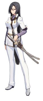 Rule 34 | 10s, 1girl, black hair, female focus, full body, highres, katana, long hair, official art, origami yukari, red eyes, sheath, sheathed, shizuma yoshinori, solo, standing, sword, toji no miko, very long hair, weapon, white background