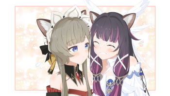 Rule 34 | 2girls, absurdres, animal ear fluff, animal ears, bare shoulders, black collar, black hair, blue eyes, blush, bow, brown hair, cat ears, closed eyes, collar, columbina (genshin impact), commentary request, detached collar, detached sleeves, dress, eye mask, fake animal ears, gem, genshin impact, grin, hair ribbon, head wings, headdress, highres, long hair, looking at another, mask, multicolored hair, multiple girls, pink hair, red gemstone, ribbon, rino (monochrome rino), sandrone (genshin impact), smile, two-tone hair, white bow, white dress, white headdress, white ribbon, white wings, wings, yuri