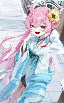 1girl absurdres ahoge alternate_costume alternate_hairstyle black_sash black_skirt blue_archive blue_eyes blue_shawl blush brown_eyes fang flower hair_between_eyes hair_bun hair_flower hair_ornament halo heterochromia highres hoshino_(blue_archive) japanese_clothes kimono long_hair looking_at_viewer obi open_mouth pink_hair pink_halo plaid_clothes plaid_skirt rosu_1109 sash shawl sidelocks skirt solo white_kimono yellow_flower