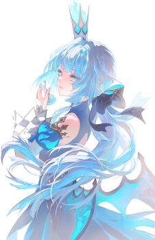 1girl absurdres back_cutout bare_shoulders black_bow blue_dress blue_eyes blue_fire blue_hair blue_sleeves blue_wings blunt_bangs bow bright_pupils cerydra_(honkai:_star_rail) chess_piece chinese_commentary closed_mouth clothing_cutout commentary_request cowboy_shot crown demon_wings detached_sleeves diamond_cutout diamond_hair_ornament diamond_print dress eyelashes fire floating_hair hair_bow hair_intakes happy hei_yu highres holding holding_chess_piece honkai:_star_rail honkai_(series) juliet_sleeves long_hair long_sleeves low_ponytail low_wings mini_crown pointy_nose ponytail print_sleeves puffy_sleeves simple_background sleeveless sleeveless_dress smile solo standing turtleneck turtleneck_dress two-tone_sleeves white_background white_crown white_pupils white_sleeves wings