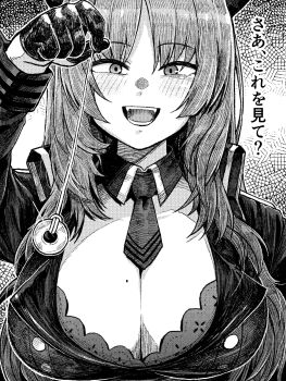 1girl blue_archive bra bra_peek breasts cleavage coin coin_on_string commentary_request gloves greyscale half_gloves hand_up highres holding holding_pendulum holding_string holed_coin hypnosis hypnotizing_viewer jacket light_blush long_hair looking_at_viewer mind_control mole mole_on_breast monochrome necktie open_mouth pendulum portrait satsuki_(blue_archive) short_necktie smile solo straight-on string translation_request underwear wan_chai_tengoku