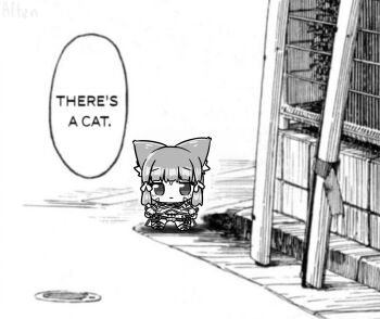 1girl alten chibi comic_panel_redraw copyright_request derivative_work english_text facial_mark greyscale highres meme mini_person minigirl monochrome nia_(xenoblade) outdoors solo there's_a_cat_(meme) xenoblade_chronicles_(series) xenoblade_chronicles_2