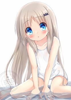 Rule 34 | 1girl, bat hair ornament, blonde hair, blue eyes, collarbone, hair ornament, highres, kud wafter, kudpoid (71139), little busters!, long hair, looking at viewer, noumi kudryavka, one-piece swimsuit, school swimsuit, simple background, solo, swimsuit, white background, white one-piece swimsuit