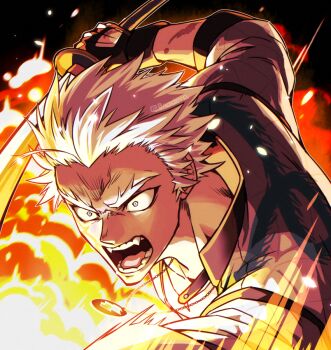 0nodera 1boy blue_eyes commentary_request explosion fangs fate/grand_order fate_(series) furrowed_brow holding holding_sword holding_weapon jewelry male_focus nagakura_shinpachi_(fate) necklace open_mouth scar scar_on_arm short_hair shouting solo sword upper_body weapon white_hair