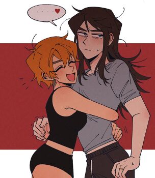 1boy 1girl abaddon_(haunted_hotel) aged_up black_camisole blue_eyes brown_hair camisole cowboy_shot esther_freeling grey_shirt haunted_hotel hetero highres hug insidej043 long_hair orange_hair red_background shirt short_hair simple_background undercut