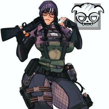 1girl beanie belt black_nails body_armor breasts dokkaebi_(rainbow_six_siege) fingernails glasses gun hat highres holding holding_gun holding_weapon large_breasts leg_holster lips long_fingernails looking_at_viewer master_dcj nail_polish rainbow_six_siege shotgun simple_background solo strap tactical_clothes weapon white_background wide_hips