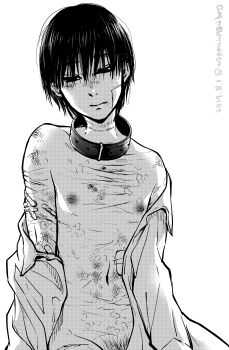 1boy bandaid black_hair bruise collar imai_hirokazu injury kedamonotachi_no_jikan:kyouizonshou_kougun male_focus monochrome nipples ogawa_kuniko pubic_hair ryona scar shirt solo white_background